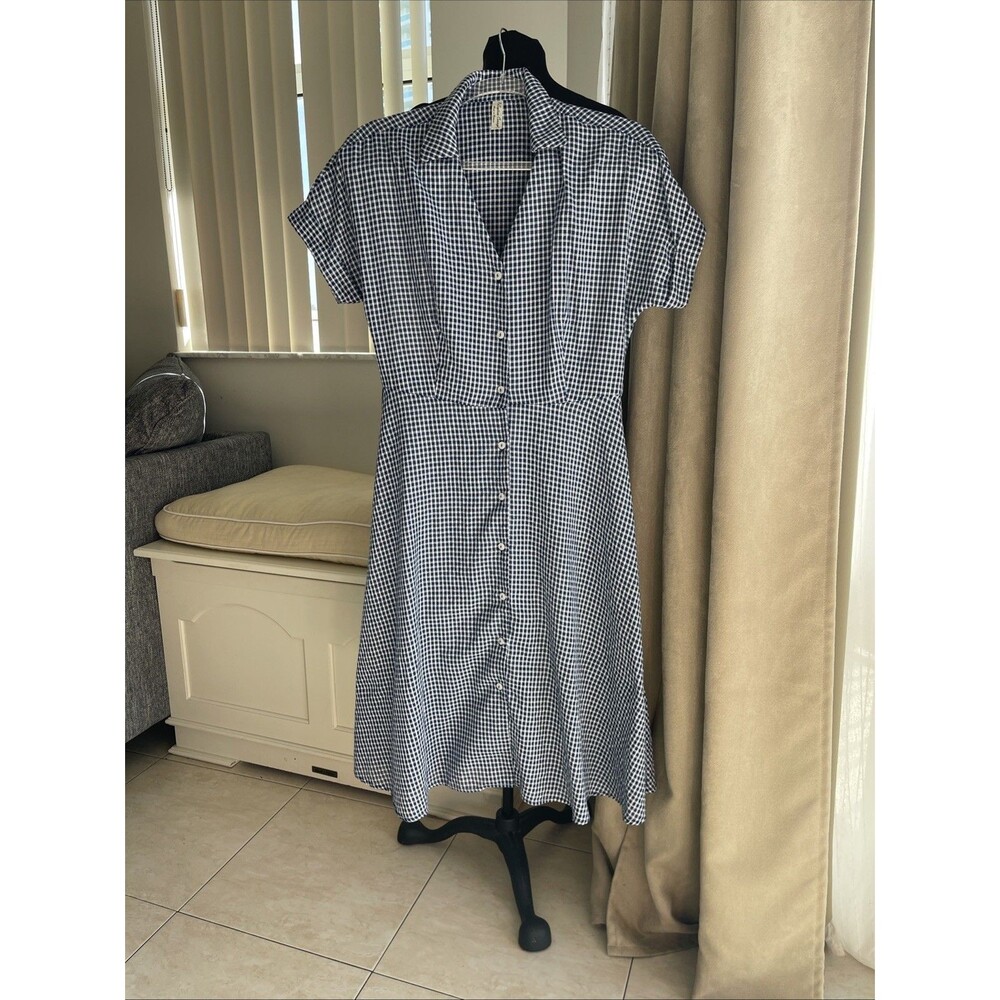Per Seption Concept Women’s  Blue Gingham Cotton Blend V Neck Dress S